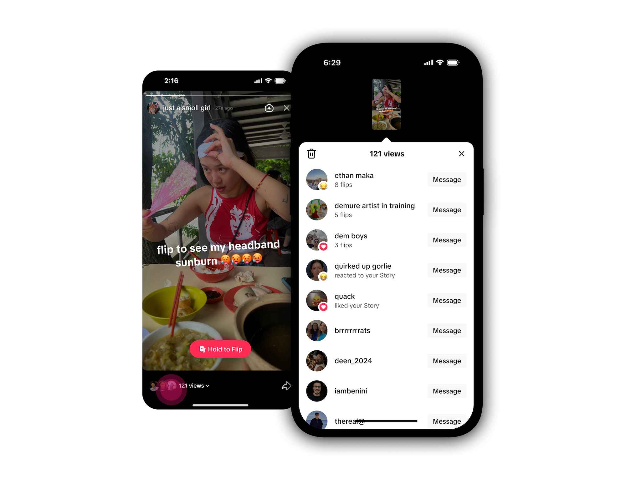 Native app screen visualization tracking the individual names of users viewing an active TikTok story.